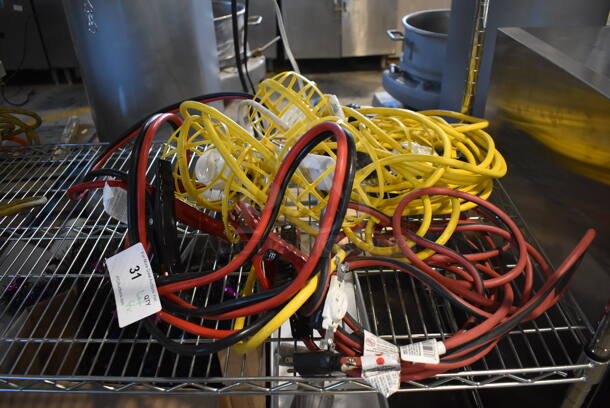 ALL ONE MONEY! Lot of Charger Cables, Extension Cord w/ Outlet, Power Strip and 2 Cords w/ Lights - Image 1 of 4