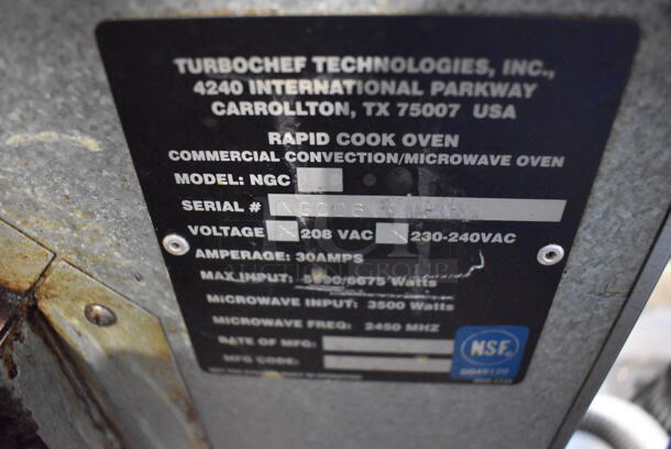 Turbochef NGC Stainless Steel Commercial Countertop Electric Powered Rapid Cook Oven on Stainless Steel Equipment Stand w/ Commercial Casters. Missing 2 Casters. 208/240 Volts, 1 Phase. - Image 6 of 7