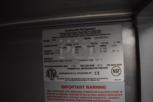 Continental 2RE Stainless Steel Commercial 2 Door Reach In Cooler on Commercial Casters. 115 Volts, 1 Phase. 57x34x82. Tested and Working! - Image 3 of 6