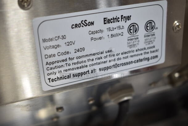 2024 Crosson CF-30 Stainless Steel Commercial Countertop Electric Powered 2 Bay Fryer w/ 2 Metal Fry Baskets. 120 Volts, 1 Phase. - Image 8 of 9