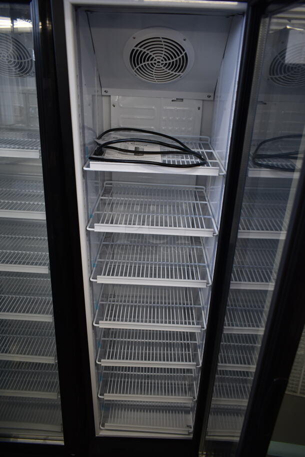 BRAND NEW SCRATCH AND DENT! Galaxy 177GDN5RBB Metal Commercial Single Door Reach In Cooler Merchandiser w/ Poly Coated Racks. 110-120 Volts, 1 Phase. Cannot Test Due To Missing Power Cord
 - Image 4 of 5