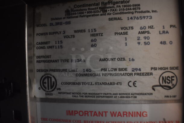 Continental DL3RE-SS Commercial Stainless Steel Three-Door Reach-In Cooler With Pan Racks And Polycoated Shelves. 115V, 1 Phase. Tested and Working! - Image 7 of 7
