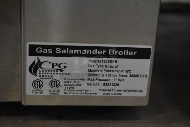 BRAND NEW SCRATCH AND DENT! Cooking Performance Group CPG 351S36SBN Stainless Steel Commercial Natural Gas Powered Salamander Broiler Cheese Melter. 36,000 BTU. Tested and Working! - Image 6 of 6