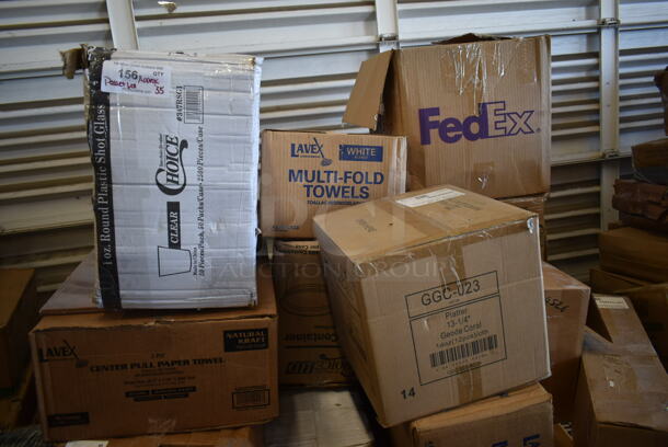 PALLET LOT of 35 BRAND NEW! Boxes Including 347RSG1 Choice 1 oz. Clear Plastic Shot Glass - 2500/Case, Lavex Multi-Fold Towels, GGC-023 Tuxton GGC-023 TuxTrendz Artisan Geode Coral 13 1/4" x 11" Oval China Platter - 12/Case, 5002CPTENAT Lavex 2-Ply Natural Kraft Center Pull Economy Paper Towel 510' Roll - 6/Case, 5002DNAP NAPKIN 15X16.53 2PLYWH 3M 5002DNAP CHOICE, 966TALLFLDN Choice Kraft Natural Tall-Fold 6" x 13" Dispenser Napkin - 8000/Case, Arcoroc Glasses, 3 Box Choice Black Hot Paper Cup Travel Lid with Hinged Tab for 10-24 oz. Standard Cups and 8 oz. Squat Cups - 1000/Case, HP1702623 Delfield 1702623 Gasket,Dr,400,Push-In, 105RR01084 Point Plus 3 1/4" x 243' Traditional Cash Register POS Paper Roll Tape - 48/Case, 433CARRIER4 Pulp Fiber 4 Cup Carrier - 300/Case. 35 Times Your Bid! - Image 2 of 7