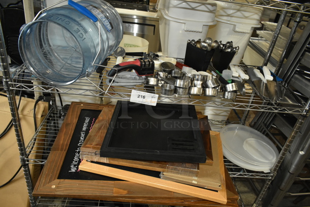 ALL ONE MONEY! Two Tier Lot of Various Items Including Blue Poly Ice Bin, Knives, Framed Blackboards.