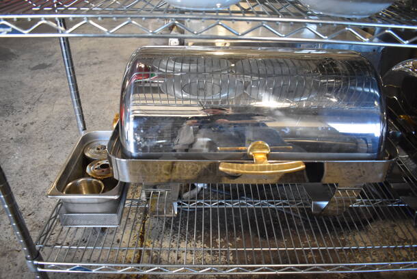 ALL ONE MONEY! Lot of 3 Tiers Worth of Various Items Including BRAND NEW Boral Coffee Cup Sets, Metal Chafing Dishes, Ceramic Pasta Plates, Poly Bins. Does Not Include Shelving Unit. - Image 8 of 8