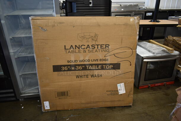 BRAND NEW SCRATCH AND DENT! Lancaster Table & Seating 3493636CLH30 Industrial 36" x 36" Solid Wood Live Edge Standard Height Table with Antique White Wash Finish - Image 2 of 5