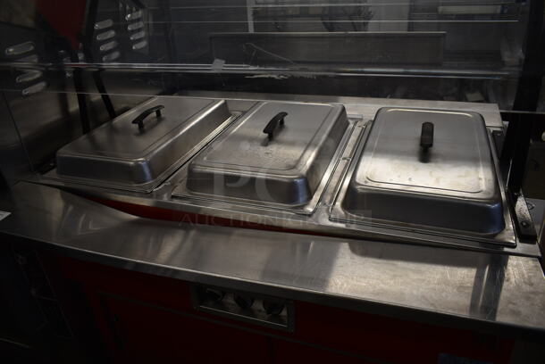 Duke DPAH-3HF M Metal Commercial 3 Well Steam Table w/ Sneeze Guard and 3 Lids on Commercial Casters. 120 Volts, 1 Phase. Tested and Working! - Image 2 of 7
