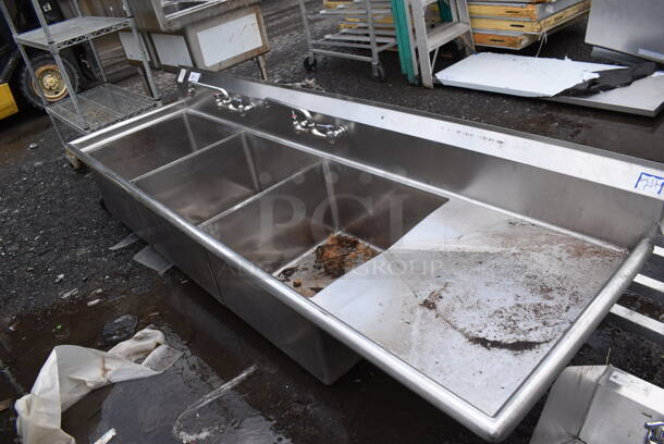 Stainless Steel Commercial 3 Bay Sink w/ 2 Faucets, 2 Handle Sets and Right Side Drain Board. No Legs. 99x30x25. Bays 24x24x13. Drain Board 22x26x1 - Image 4 of 4