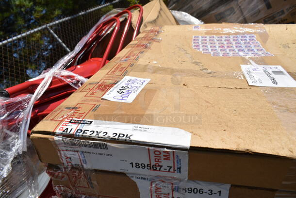 PALLET LOT of 22 BRAND NEW Boxes Including 496ALPF2X22PK American Louver Company 24" x 24" Plaster Frame ALPF2X2-2PK - 2/Pack, 427SD2828MP Lancaster Table & Seating Excalibur 27 1/2" x 27 1/2" Square Table Top with Textured Mixed Plank Finish, Vollrath 4932-13 Traex® Color-Mate™ 32 oz. Clear Single Tip Standard Squeeze Bottle,  600WS1830HD Regency 18" x 30" 16 Gauge Stainless Steel Heavy-Duty Solid Wall Shelf, 124ASEAG12 American Metalcraft ASEAG12 12" Round Gold Hammered Aluminum Seafood Tray, 4447572 Lavex 2.5 Gallon Plastic Dispensing Container. 22 Times Your Bid!  - Image 2 of 12