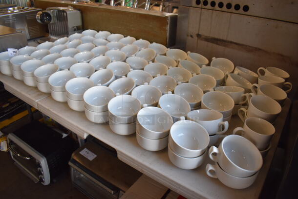 ALL ONE MONEY! Lot of 132 Various White Ceramic Mugs. Includes 6x4.5x2.5
