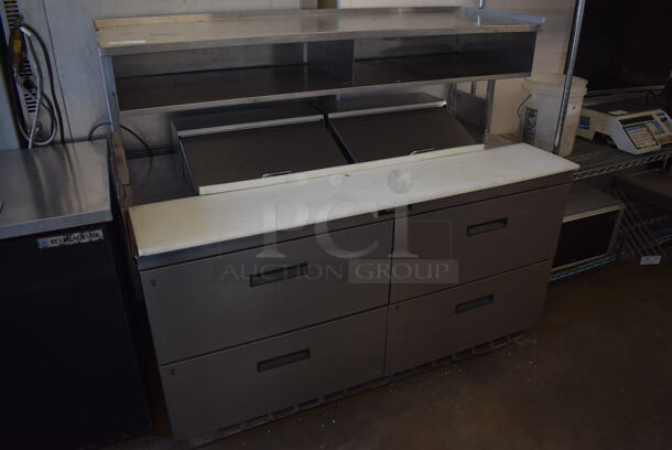 Delfield Stainless Steel Commercial Sandwich Salad Prep Table Bain Marie Mega Top w/ 4 Drawers and Over Shelf on Commercial Casters. 115 Volts, 1 Phase. 64x34x56. Tested and Working! - Image 2 of 8