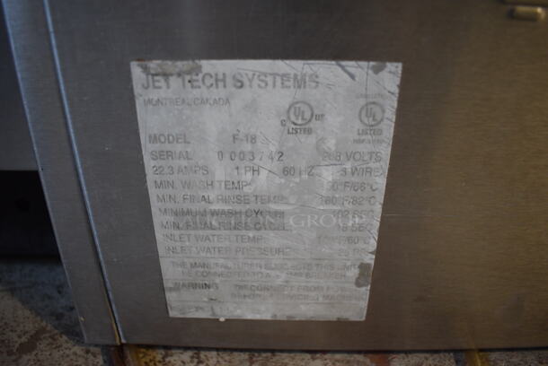 Jet Tech F-18 Stainless Steel Commercial Undercounter Dishwasher. 208 Volts, 1 Phase. 23.5x24.5x33 - Image 8 of 8