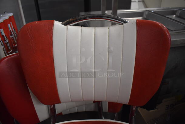 4 RETRO White and Red Dining Chairs on Metal Legs. 16x18x32. 4 Times Your Bid! - Image 3 of 5