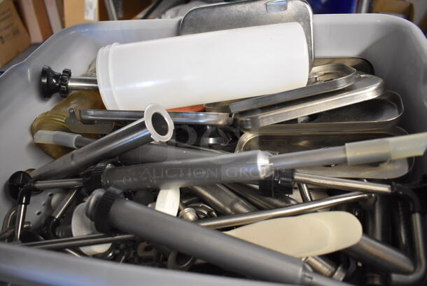 ALL ONE MONEY! Lot of Various Metal Pieces to Server Pumps in Gray Poly Bus Bin - Image 3 of 5