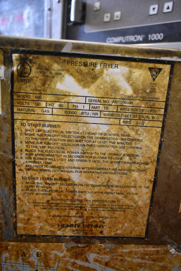Henny Penny 600 Stainless Steel Commercial Floor Style Natural Gas Powered Pressure Fryer on Commercial Casters. 80,000 BTU. - Image 7 of 7