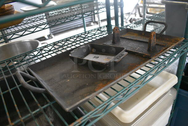 ALL ONE MONEY! Lot of 3 Cast Iron Items Including Bacon Press and Pans. Includes 21.5x10.5x3 - Image 2 of 3