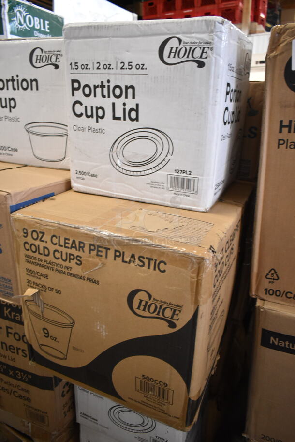 PALLET LOT of 25 BRAND NEW Boxes Including 3 Boxes 127PL2 Choice PET Plastic Lid for 1.5 to 2.5 oz. Souffle Cup / Portion Cup - 2500/Case, Box 2 oz Portion Cups, 500CC9 Choice 9 oz. Clear PET Customizable Plastic Squat Cold Cup - 1000/Case, 3 Box Charger Plate, 500CFT Lavex White C-Fold Standard Weight Towel - 2400/Case, 2 Box 795PTOKFTW4 Choice 8 3/4" x 6 1/2" x 3 1/2" Kraft Folded Paper #4 Take-Out Container with Window - 140/Case, 130HCUTFWR Visions Individually Wrapped White Heavy Weight Plastic Fork - 1000/Case, 2 Box 612509LCO Choice 9" Round Standard Weight Foil Take-Out Pan with Board Lid - 200/Case, 2 Box AD06 Genpak 6 oz. Clear Hinged Deli Container - 400/Case, 612P509S Choice 9" Clear Round Plastic Dome Lid - 500/Case, 394365L Noble Products Powder-Free Disposable Clear Vinyl Gloves for Foodservice - Large - 1000/Case, 2 Box 130BKFSNH Visions Heavy Weight Black Wrapped Plastic Cutlery Pack with Napkin - 500/Case, 128HD8COMBO ChoiceHD 8 oz. Microwavable Translucent Plastic Deli Container and Lid Combo Pack - 240/Case, 176ALSPILLFL Choice Full Size 6" Deep Aluminum Steam Table Spillage / Water Pan. 25 Times Your Bid! - Image 3 of 12