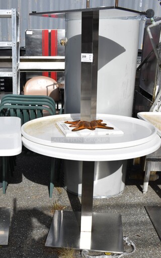3 White Round Tables on Chrome Finish Table Base. 36x36x29.5. 3 Times Your Bid!