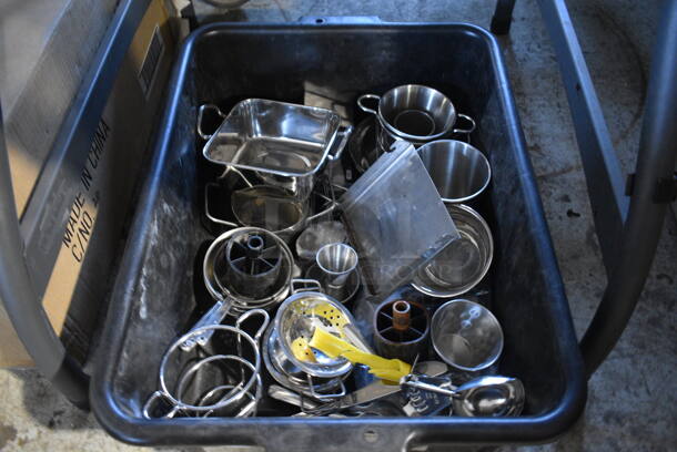 ALL ONE MONEY! Lot of Various Metal Items Including Jiggers, Bowls and Buckets in Black Poly Bus Bin!