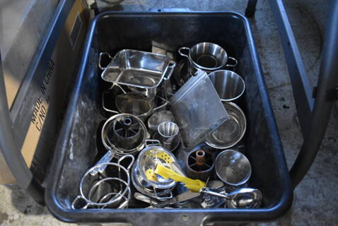 ALL ONE MONEY! Lot of Various Metal Items Including Jiggers, Bowls and Buckets in Black Poly Bus Bin!