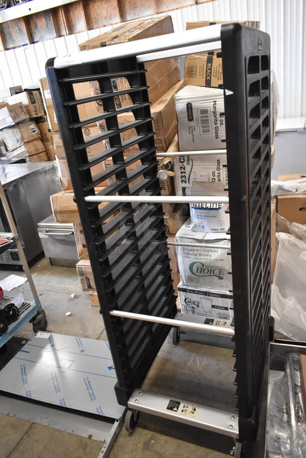 BRAND NEW SCRATCH AND DENT! Rubbermaid Black and Chrome Finish Pan Transport Rack on Commercial Casters.  - Image 3 of 4