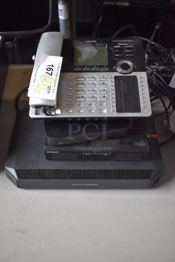 ALL ONE MONEY! Lot of 4 Various Items Including Vtech Telephone, Cisco Meraki Z3, Cradlepoint Router and CBR-T Router.