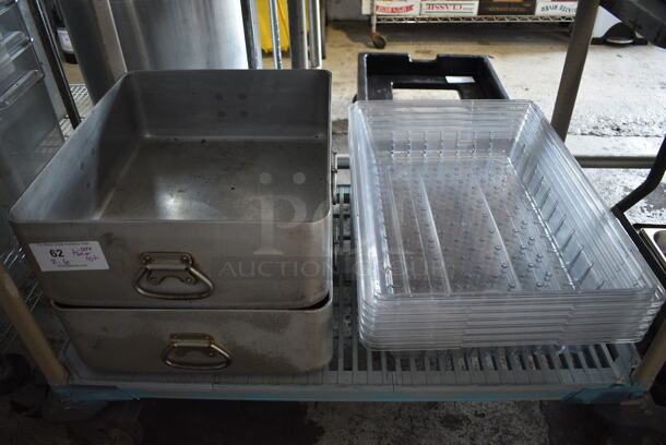 ALL ONE MONEY! Tier Lot of Various Items Including 2 Metal Baking Pans and 6 Clear Poly Straining Bins. 17.5x21x6.5, 18x26x4
