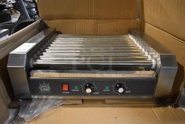 BRAND NEW SCRATCH AND DENT IN BOX! Carnival King 382HDRG30 Stainless Steel Commercial Countertop 30 Capacity Hot Dog Roller. 120 Volts, 1 Phase. 23x20x8. Tested and Working!