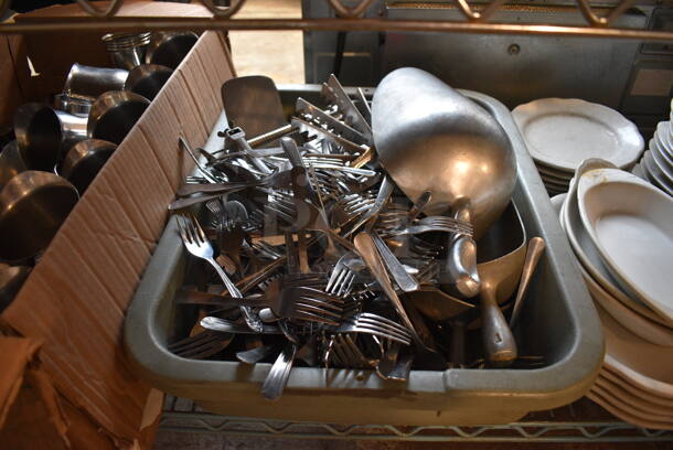 ALL ONE MONEY! Tier Lot of Various Items; White Ceramic Plates, Utensils, Silverware and Metal Gravy Boats - Image 5 of 8