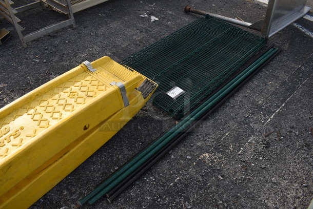 ALL ONE MONEY! Lot of 2 Green Finish Wire Shelves and 6 Poles. 48x24x1.5 - Image 3 of 5