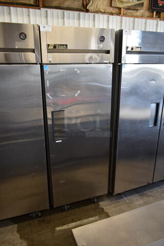 2013 True TG1R-1S ENERGY STAR Stainless Steel Commercial Single Door Reach In Cooler w/ Poly Coated Racks on Commercial Casters. 115 Volts, 1 Phase. Tested and Working!