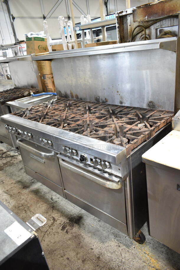 Southbend 460 Stainless Steel Commercial Natural Gas Powered 10 Burner Range w/ 2 Ovens, Over Shelf and Back Splash on Commercial Casters.  - Image 1 of 7