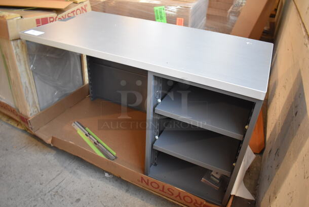 BRAND NEW! Royston Gray Metal Desk / Table w/ Wood Pattern Counter and 3 Under Shelves. 48x24x27 - Image 2 of 5