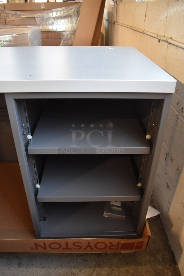 BRAND NEW! Royston Gray Metal Desk / Table w/ Wood Pattern Counter and 3 Under Shelves. 48x24x27 - Image 3 of 5