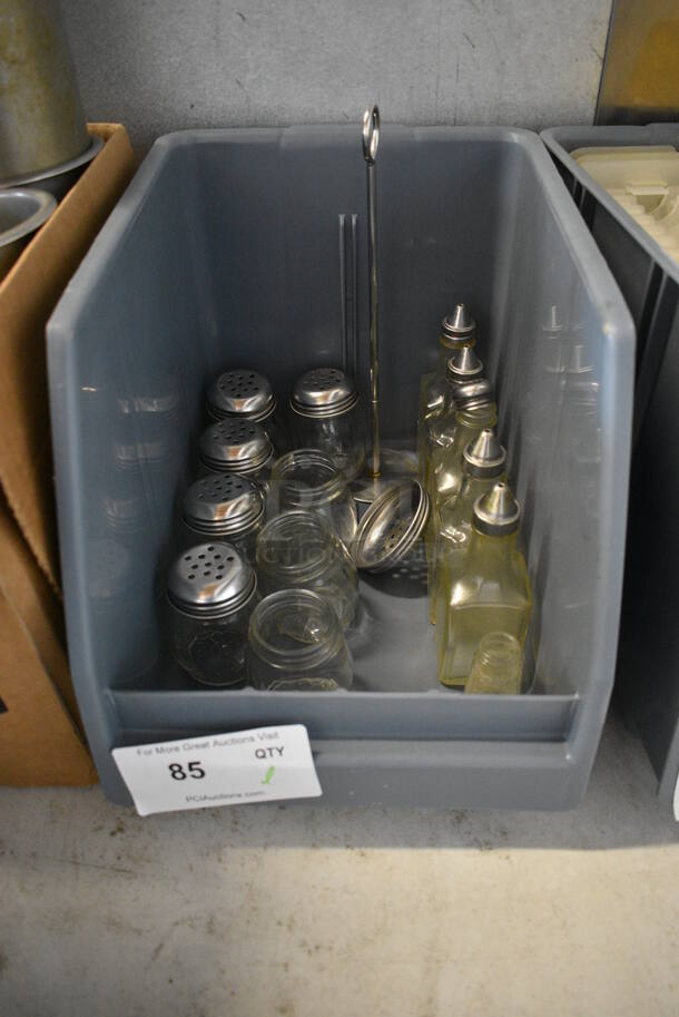 ALL ONE MONEY! Lot of Various Items Including Seasoning Shakers and Liquid Condiment Bottles in Gray Poly Bin!