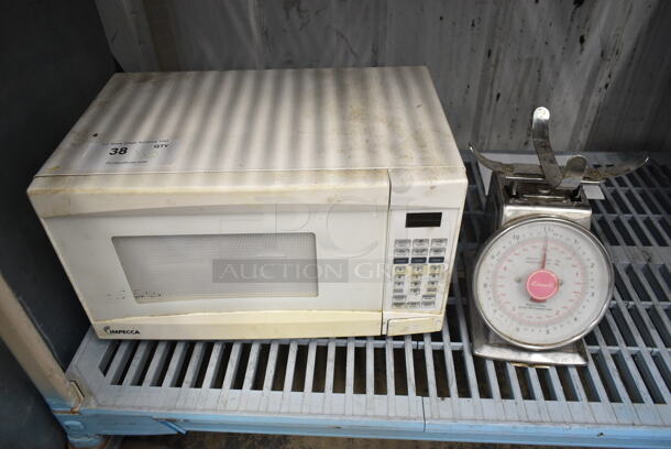 2 Items Including Impecca CM-0774W Countertop Microwave Oven w/ Plate and Metal Countertop Scale. 2 Times Your Bid!  - Image 1 of 8