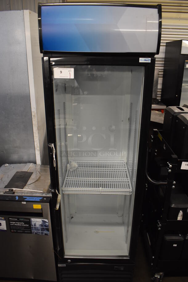 BRAND NEW SCRATCH AND DENT! KoolMore MDR-1GD-13C Metal Commercial Single Door Reach In Cooler Merchandiser w/ Poly Coated Racks. 115 Volts, 1 Phase. 23x24x78. Tested and Working!