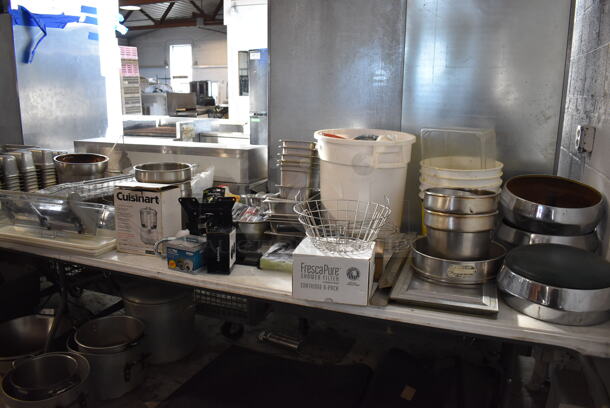 ALL ONE MONEY! Tabletop Lot of Various Items Including Stool Seats, Metal Bins, Poly Bins, Cuisinart Food Processor, Stainless Steel Drop In Bins