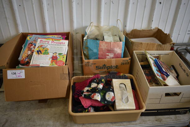 ALL ONE MONEY! Lot of 5 Boxes of Various Items Including Books and Blanket