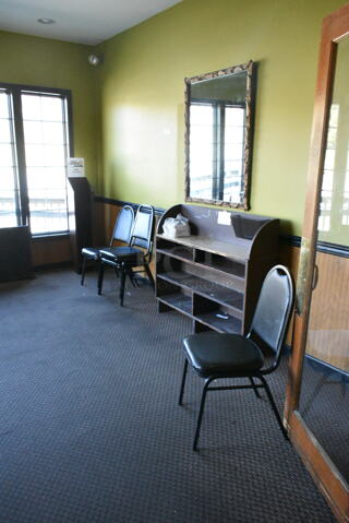 ALL ONE MONEY! Room Lot of Various Items Including Black Metal Stackable Banquet Chairs and Bookshelf (mudroom) 