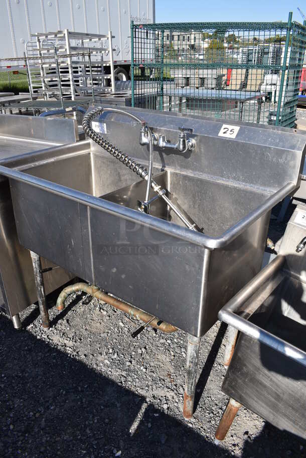 Stainless Steel Commercial 2 Bay Sink w/ Faucet, Handles and Spray Nozzle Attachment. 45x26x46. Bays 20x20x14