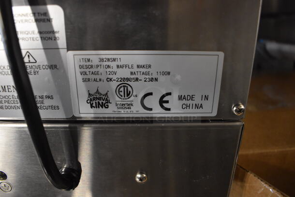 BRAND NEW IN BOX! Carnival King 382WSM11 Stainless Steel Commercial Countertop Non-Stick Single Waffle Maker with Timer. 120 Volts, 1 Phase. 10x20x12. Tested and Working! - Image 6 of 7