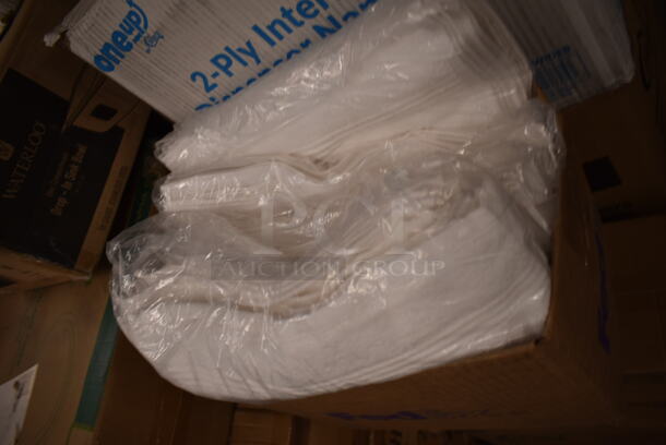 PALLET LOT of 35 BRAND NEW Boxes Including 795PTOKFT2 Choice 7 3/4" x 5 1/2" x 2" Kraft Microwavable Folded Paper #2 Take-Out Container - 200/Case, 5 Box 395RP09 EcoChoice Compostable Sugarcane, 966TALLFLDN Choice Kraft Natural Tall-Fold 6" x 13" Dispenser Napkin - 8000/Case, 612OB15LBD Choice 1.5 lb. Oblong Deep Foil Take-Out Container - 500/Case, 347RPBD10WHS PLATE 10" WH/SLV BAND 120 SILVER VISIONS, 130CLKFSNSPH Visions 10" White Plastic Plate with Silver Bands - 120/Case, 500TW7 Choice 7 oz. Translucent Thin Wall Plastic Cold Cup - 2500/Case, 5002DNAP Choice White 2-Ply Dinner Napkin 17" x 15" - 3000/Case, 2 Box 394365L Noble Products Powder-Free Disposable Clear Vinyl Gloves for Foodservice - Large - 1000/Case. 35 Times Your Bid! - Image 6 of 12