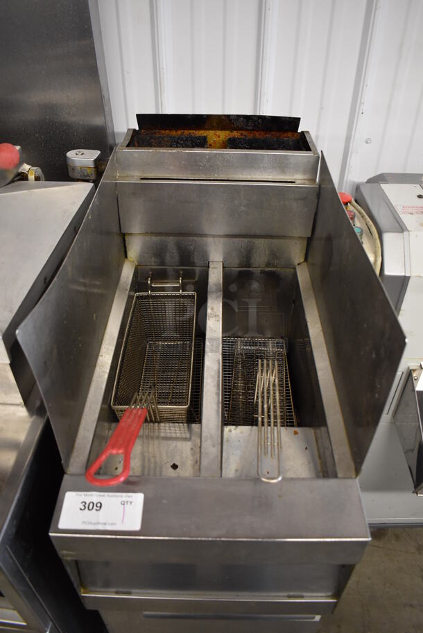 2019 Frymaster SM220GN Stainless Steel Commercial Floor Style Natural Gas Powered Deep Fat Fryer on Commercial Casters w/ Metal Fry Basket and 2 Side Splash Guards. 50,000 BTU. 16x31x47 - Image 4 of 7