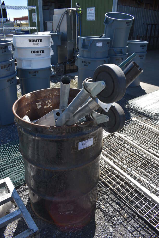 ALL ONE MONEY! Lot of Various Items Including Commercial Casters and Metal Rods in Metal Trash Can. 23x23x34 - Image 2 of 4
