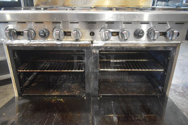 Migali Stainless Steel Commercial Natural Gas Powered 8 Burner Range w/ 2 Ovens, Over Shelf and Back Splash on Commercial Casters.  - Image 5 of 7