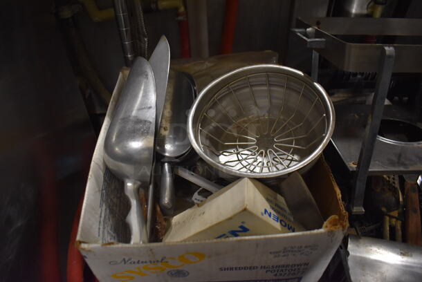 ALL ONE MONEY! Tier Lot of Various Items Including Chafing Dish Frames, Brew Basket, Utensils and Pig Tail Food Flipper  - Image 6 of 7
