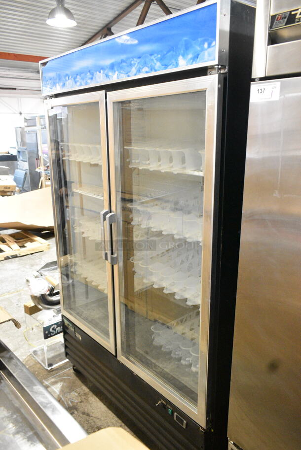 Avantco G1.2BM2F-HC Metal Commercial 2 Door Reach In Cooler Merchandiser w/ Poly Coated Racks on Commercial Casters. 115 Volts, 1 Phase. Tested and Working! - Image 1 of 5