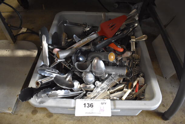 ALL ONE MONEY! Lot of Various Utensils Including Scoopers and Tongs in Gray Poly Bus Bin
